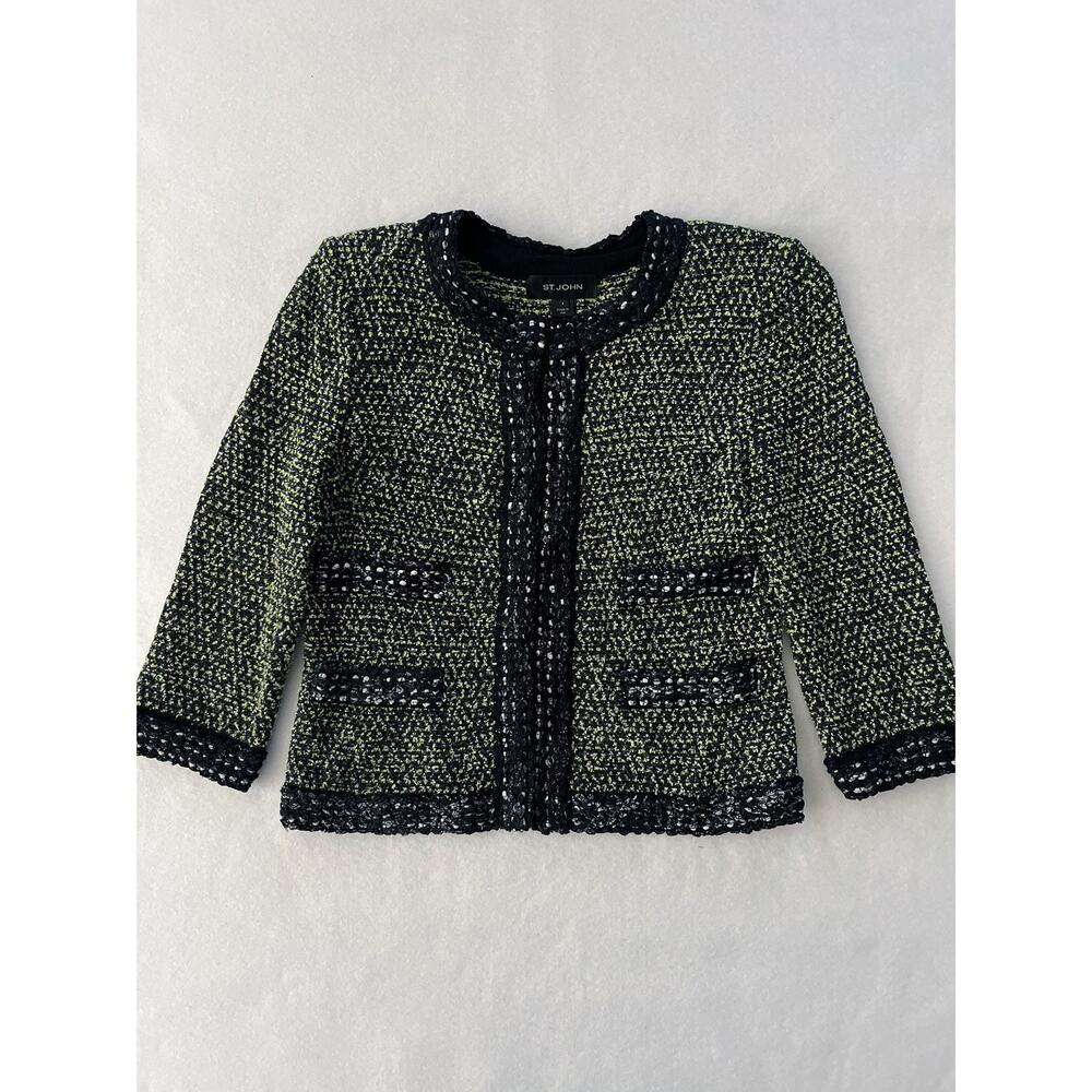 St. John Cardigan Sweater Women 6 Green Black Tweed Collarless Snap Pockets